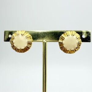 Vintage Gold Tone Cream Enamel Sunburst Studs Earrings